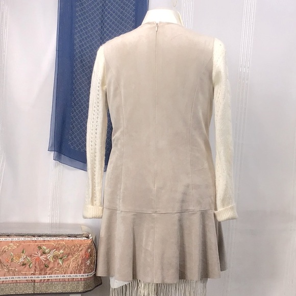 BCBGMaxAzria ‘Adelene’ Faux Suede V Neck Back Zip Sleeveless Ruffle Hem Lined - Picture 3 of 9